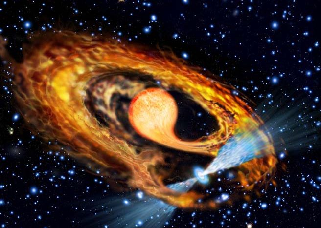 An artist’s impression of a millisecond pulsar and its companion. The pulsar (blue) is accreting material from its bloated red companion star and increasing its rotation rate. Credit: ESA/Francesco Ferraro (Bologna Astronomical Observatory)