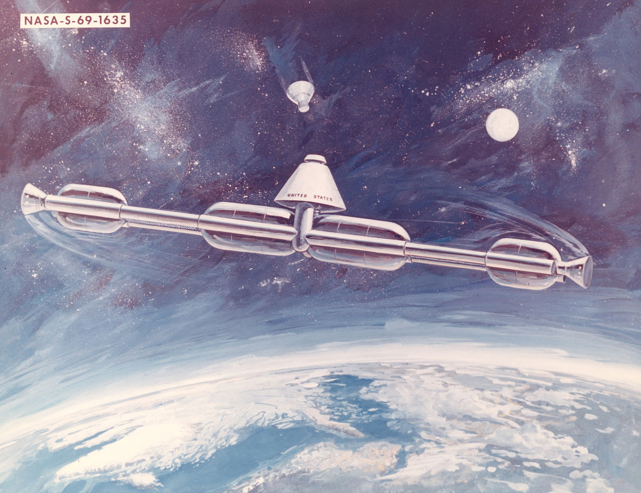 A 1969 station concept. The station was to rotate on its central axis to produce artificial gravity. The majority of early space station concepts created artificial gravity one way or another in order to simulate a more natural or familiar environment for the health of the astronauts. - Image Credit: NASA