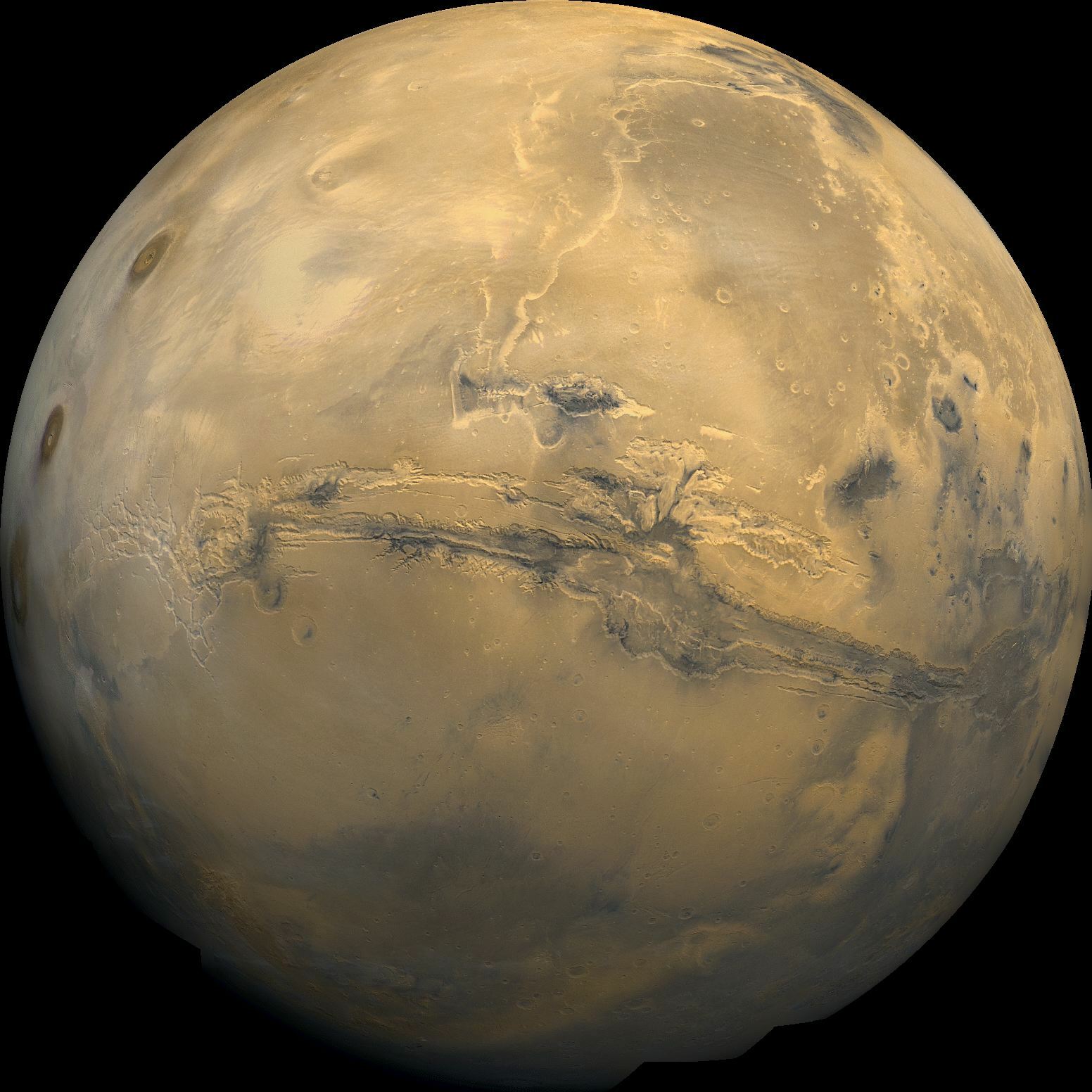 Mosaic of the Valles Marineris hemisphere of Mars, similar to what one would see from orbital distance of 2500 km. – Image Credit: NASA/JPL-Caltech