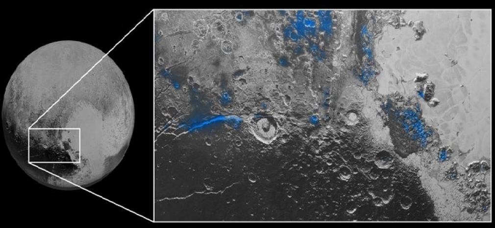 Water ice in surface cracks (extensional faults) that support the reorientation of Pluto. - Image Credit: NASA/Johns Hopkins University Applied Physics Laboratory/Southwest Research Institute