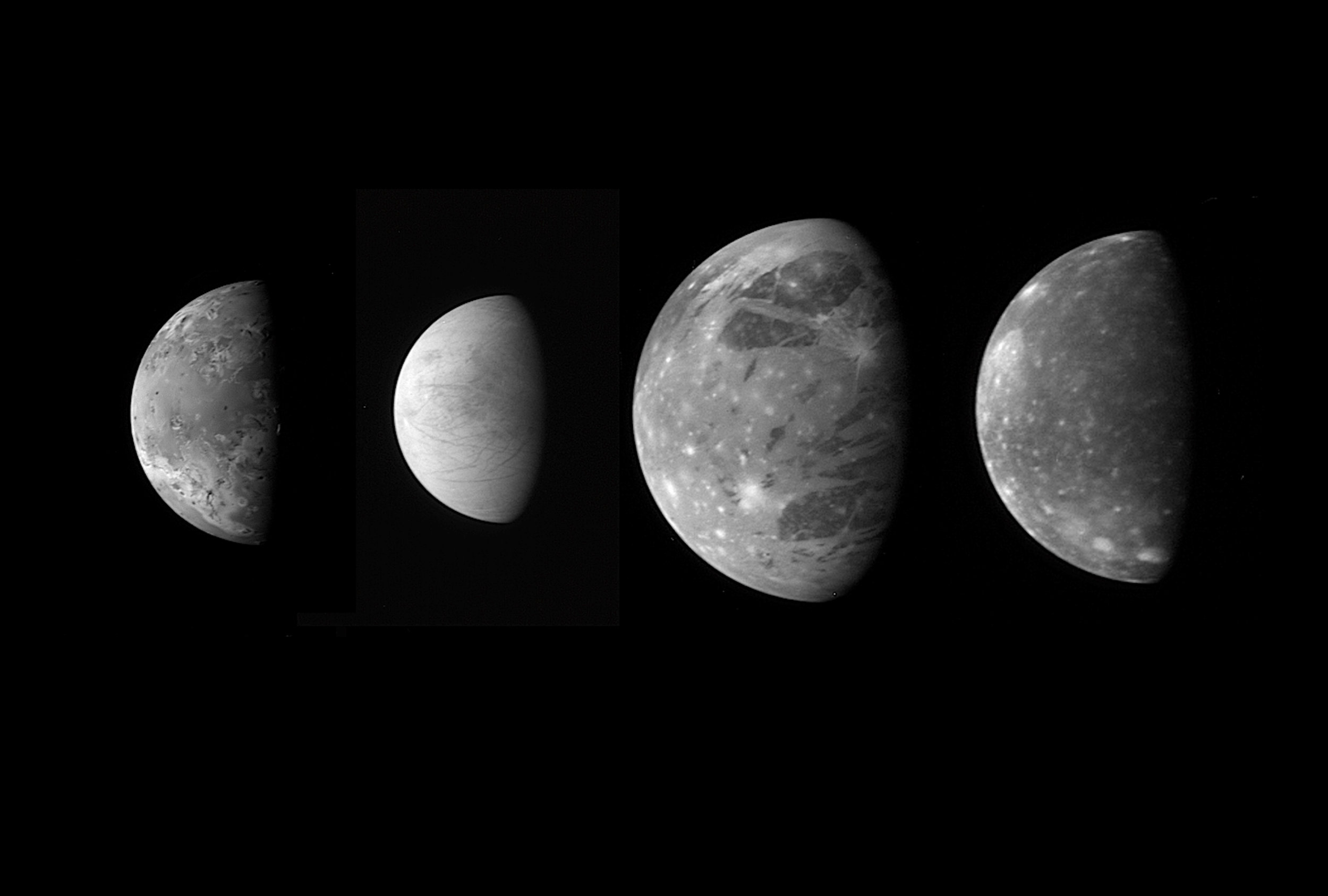 A “family portrait” of the four Galilean satellites (Io Europa, Ganymede and Callisto) around Jupiter, taken by the New Horizons spacecraft and released in 2007. Credit: NASA/Johns Hopkins University Applied Physics Laboratory/Southwest Research Ins…