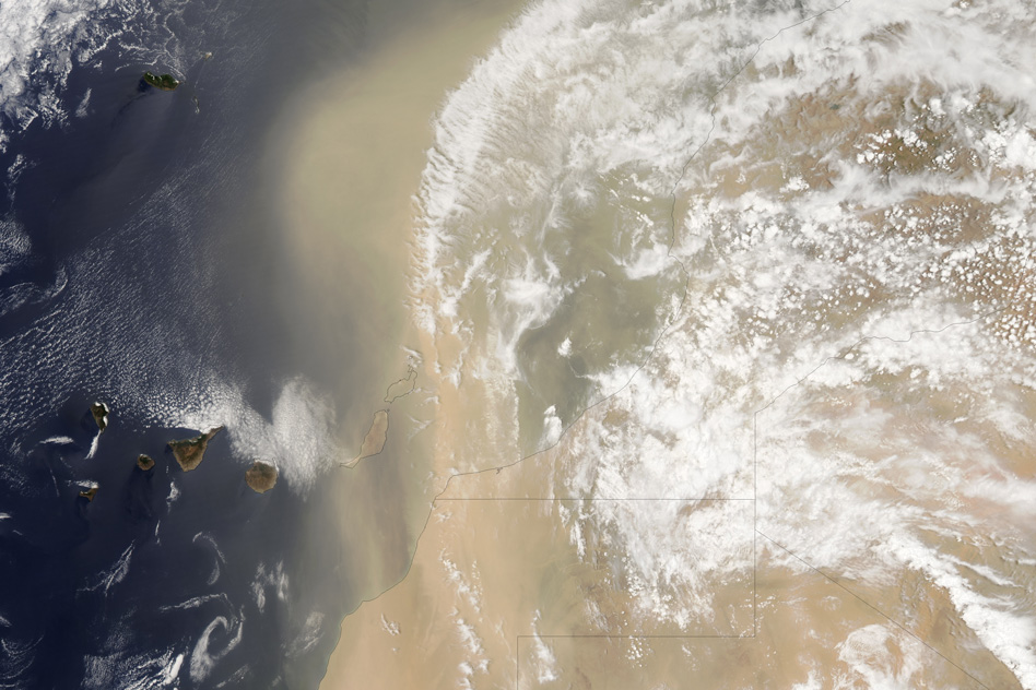 Dust blowing through the Sahara Desert in 2012. Researchers have found that the plume was far less dusty between 5,000 and 11,000 years ago, containing only half the amount of dust that is transported today. - Image Credit: courtesy MODIS Rapid Response Team/Goddard Space Flight Center/NASA