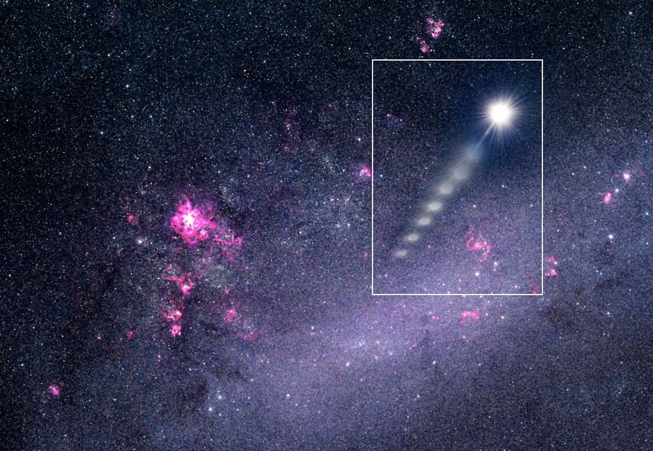 Image of a moving star captured by the ESO Very Large Telescope, believed to have been ejected from the Large Magellanic Cloud. - Image Credit: ESO