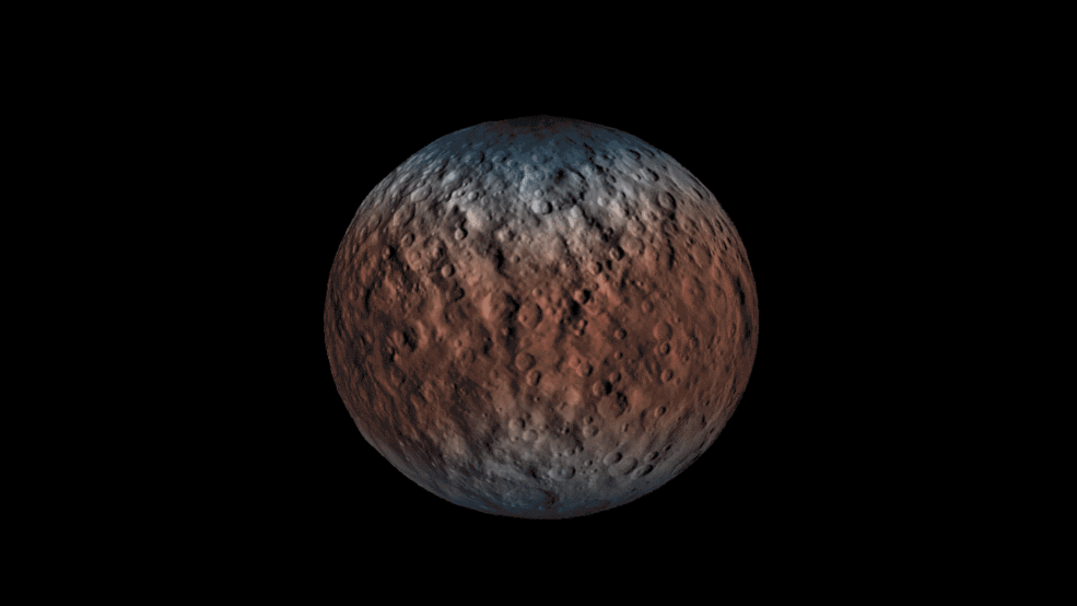 NASA's Dawn spacecraft determined the hydrogen content of the upper yard, or meter, of Ceres' surface. Blue indicates where hydrogen content is higher, near the poles, while red indicates lower content at lower latitudes. - Image Credits: NASA/JPL-Caltech/UCLA/MPS/DLR/IDA/PSI