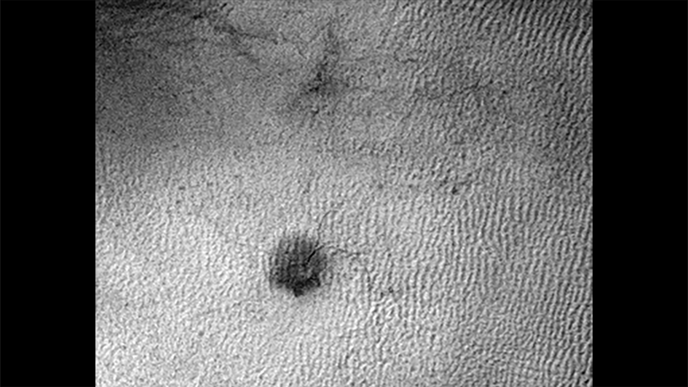 This sequence of three HiRISE images from NASA's Mars Reconnaissance Orbiter shows the growth of a branching network of troughs carved by thawing carbon dioxide over the span of three Martian years. This process may also form larger radially patterned channel features known as Martian "spiders." – Image Credits: NASA/JPL-Caltech/Univ. of Arizona