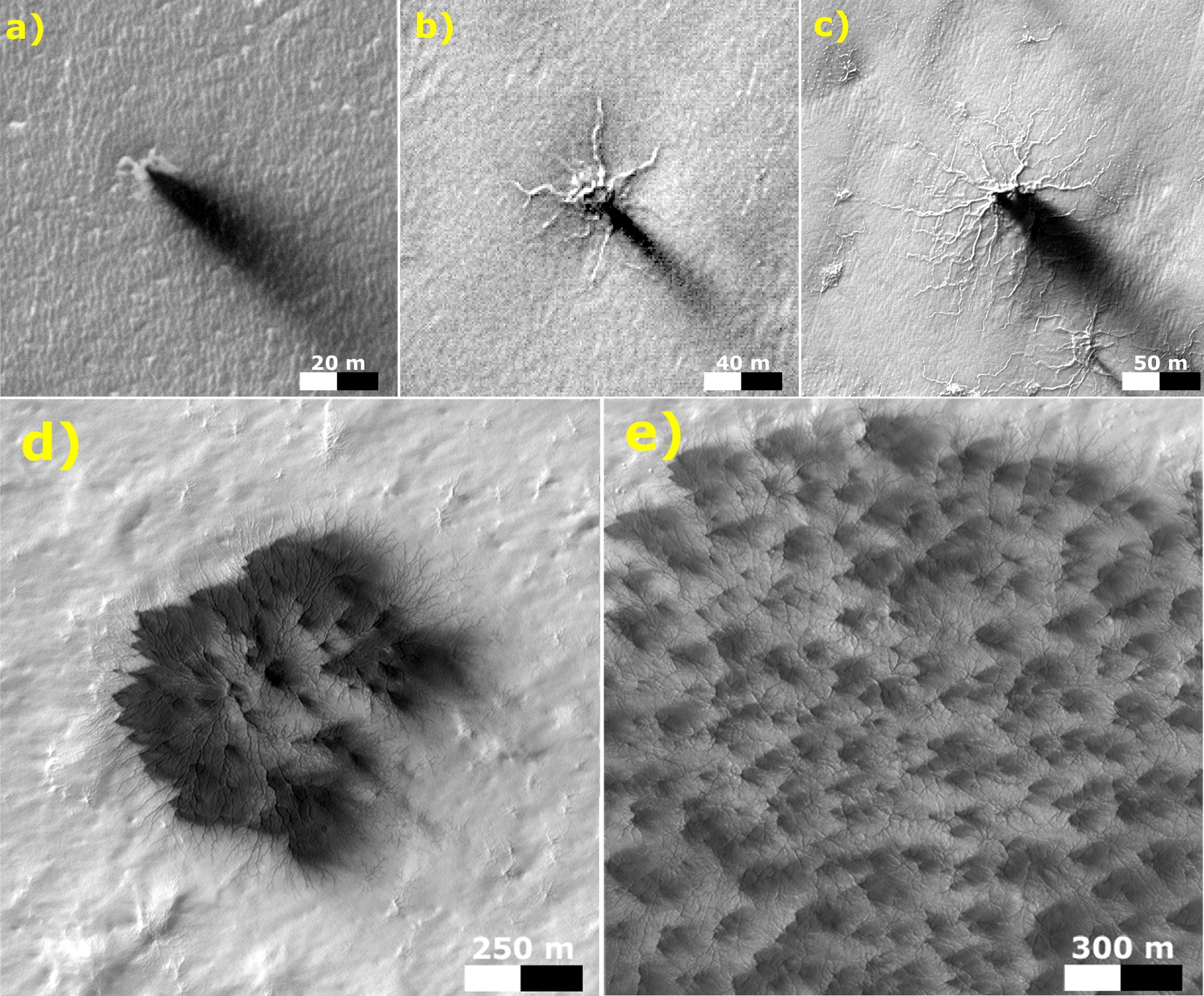 These five images from the HiRISE camera on NASA's Mars Reconnaissance Orbiter show different Martian features of progressively greater size and complexity, all thought to result from thawing of seasonal carbon dioxide ice that covers large areas near Mars' south pole during winter. – Image Credits: NASA/JPL-Caltech/Univ. of Arizona