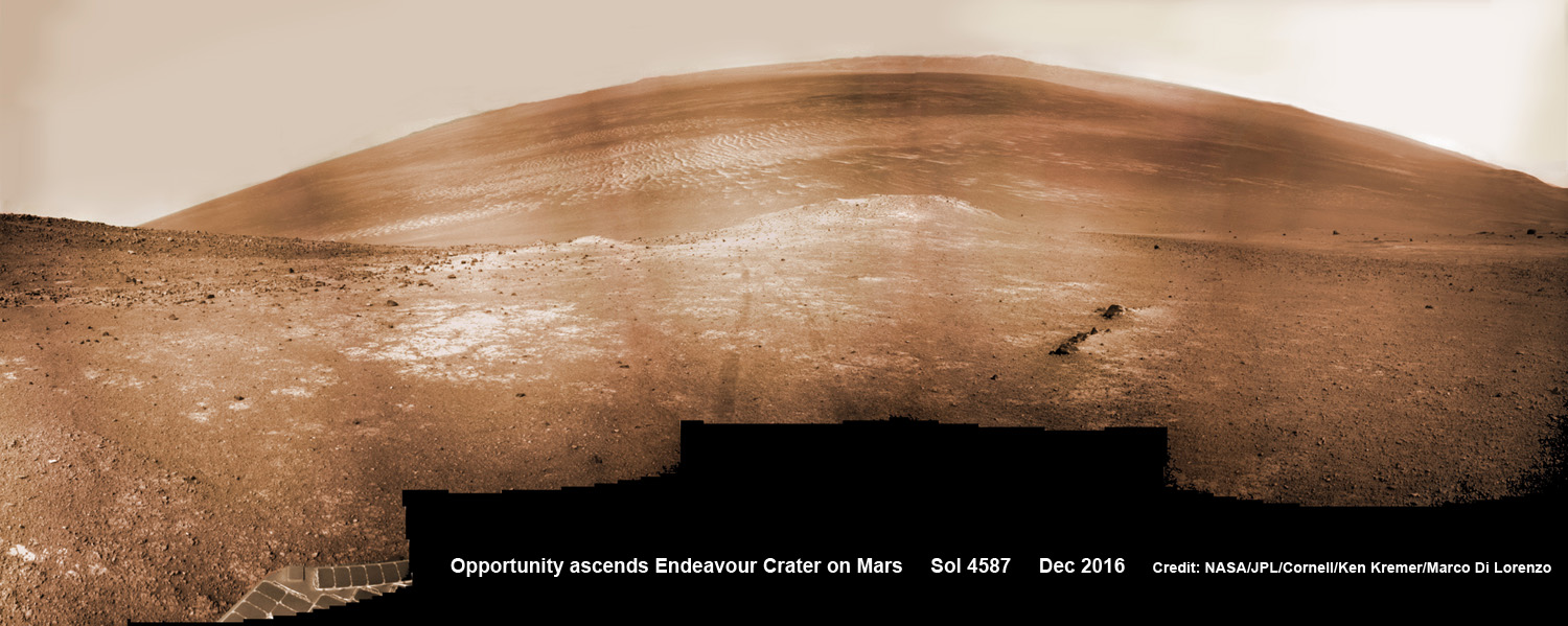 NASA’s Opportunity rover scans around and across to vast Endeavour crater on Dec. 19, 2016, as she climbs steep slopes on the way to reach a water carved gully along the eroded craters western rim. Note rover wheel tracks at center. This navcam camera photo mosaic was assembled from raw images taken on Sol 4587 (19 Dec. 2016) and colorized. - Image Credit: NASA/JPL/Cornell/Ken Kremer/kenkremer.com/Marco Di Lorenzo