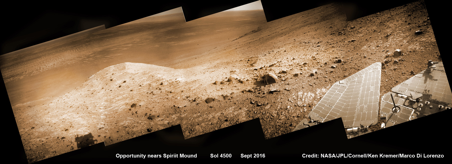 NASA’s Opportunity rover scans ahead to Spirit Mound and vast Endeavour crater as she celebrates 4500 sols on the Red Planet after descending down Marathon Valley. This navcam camera photo mosaic was assembled from raw images taken on Sol 4500 (20 Sept 2016) and colorized. Credit: NASA/JPL/Cornell/ Ken Kremer/kenkremer.com/Marco Di Lorenzo