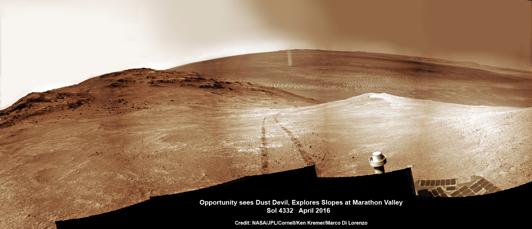 NASA’s Opportunity rover discovers a beautiful Martian dust devil moving across the floor of Endeavour crater as wheel tracks show robots path today exploring the steepest ever slopes of the 13 year long mission, in search of water altered minerals at Knudsen Ridge inside Marathon Valley on 1 April 2016. This navcam camera photo mosaic was assembled from raw images taken on Sol 4332 (1 April 2016) and colorized. Credit: NASA/JPL/Cornell/ Ken Kremer/kenkremer.com/Marco Di Lorenzo