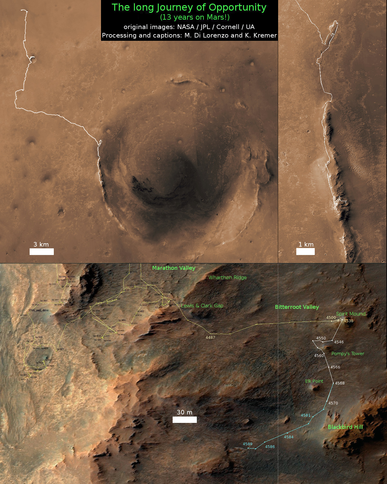 13 Year Traverse Map for NASA’s Opportunity rover from 2004 to 2016. This map shows the entire 43 kilometer (27 mi) path the rover has driven on the Red Planet during nearly 13 years and more than a marathon runners distance for some 4600 Sols, or Martian days, since landing inside Eagle Crater on Jan 24, 2004 – to current location at the western rim of Endeavour Crater. After descending down Marathon Valley and after studying Spirit Mound, the rover is now ascending back uphill on the way to a Martian water carved gully. Rover surpassed Marathon distance on Sol 3968 after reaching 11th Martian anniversary on Sol 3911. Opportunity discovered clay minerals at Esperance – indicative of a habitable zone – and searched for more at Marathon Valley. - IMage Credit: NASA/JPL/Cornell/ASU/Marco Di Lorenzo/Ken Kremer/kenkremer.com
