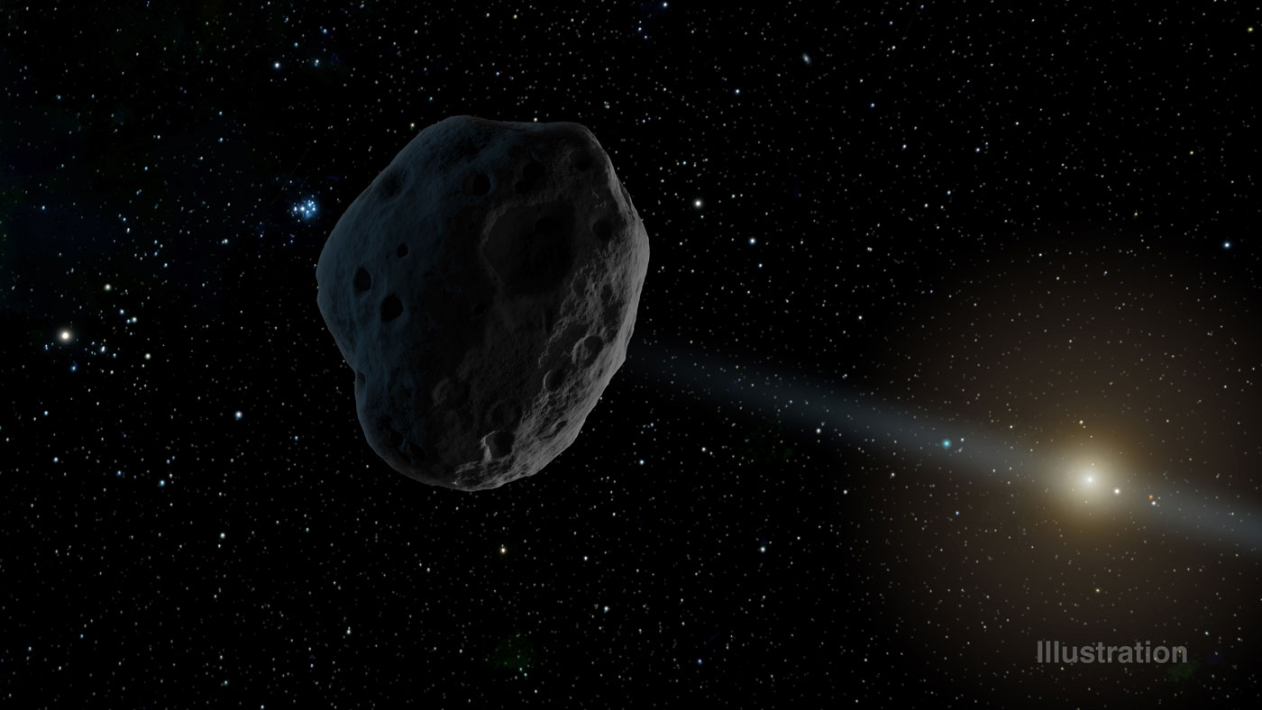 Artist’s rendition of the comet 2016 WF9 as it passes Jupiter’s orbit and moves toward the sun. - Image Credit: NASA/JPL-Caltech