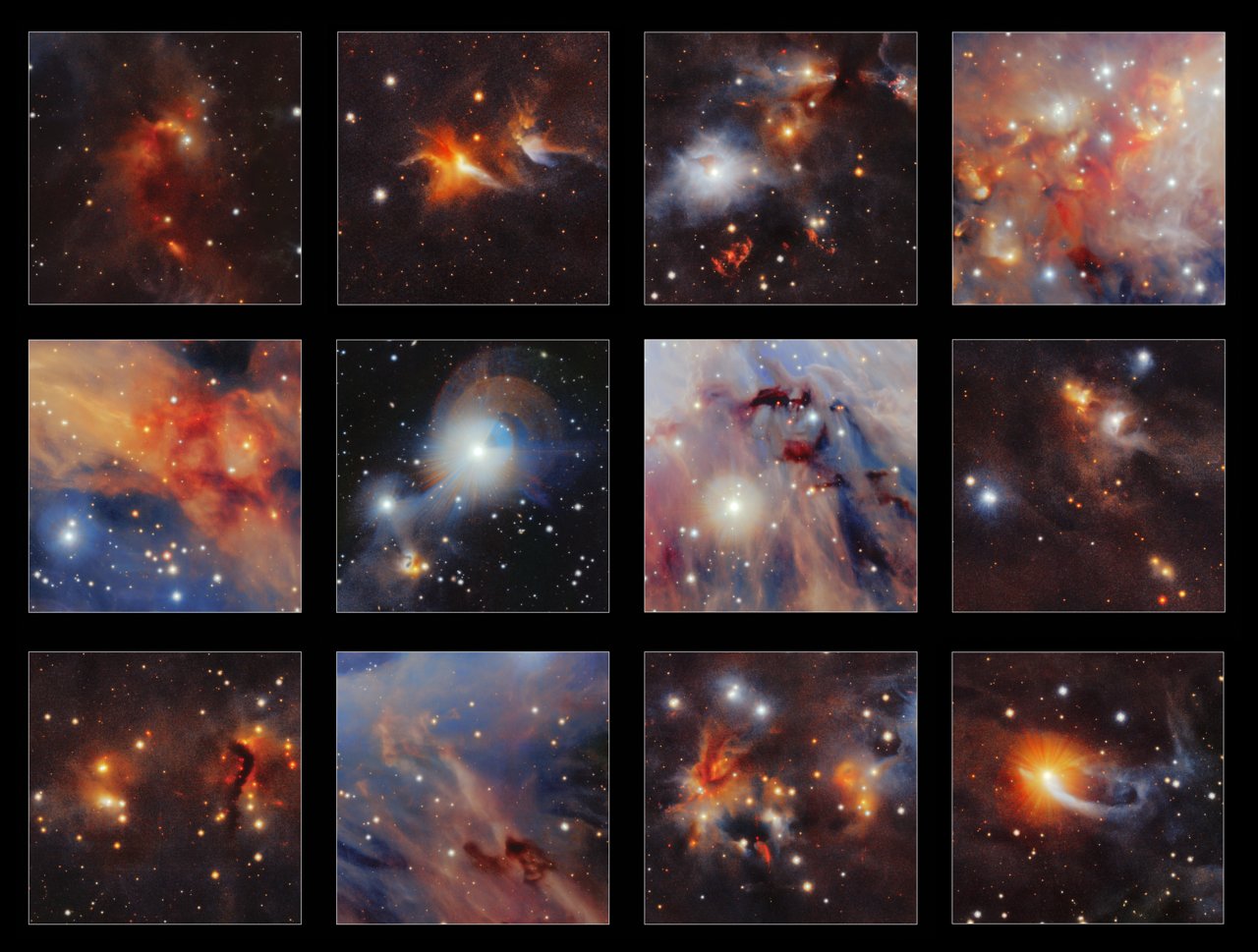 This collection of highlights is taken from a new infrared image of the Orion A molecular cloud from the VISTA telescope. Many curious structures are clearly seen, including the red jets from very young stars, dark clouds of dust and even tiny images of very distant galaxies. – Image Credit: ESO/VISION survey