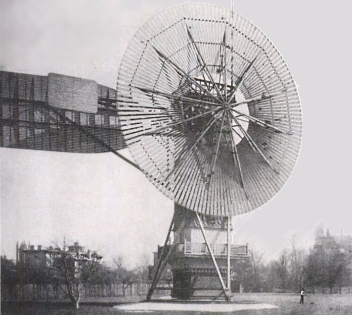 The first automatically operated wind turbine, built in Cleveland in 1887 by Charles F. Brush. - Image Credit: Wikipedia Commons