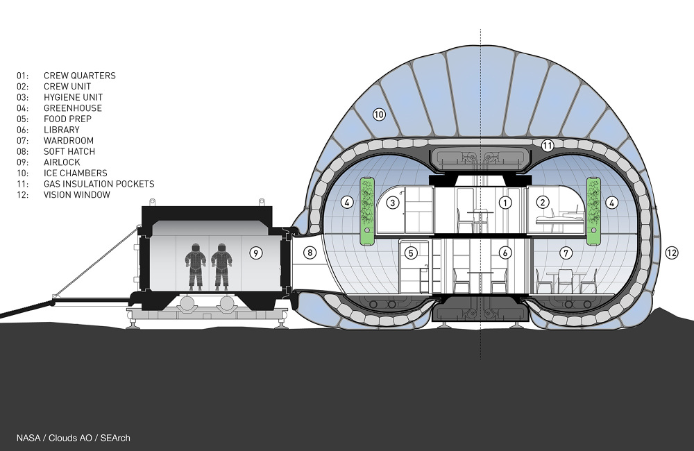 Another cutaway of the interior design of the Mars Ice Home concept. - Image Credit: NASA Langley/ Clouds AO/SEArch.