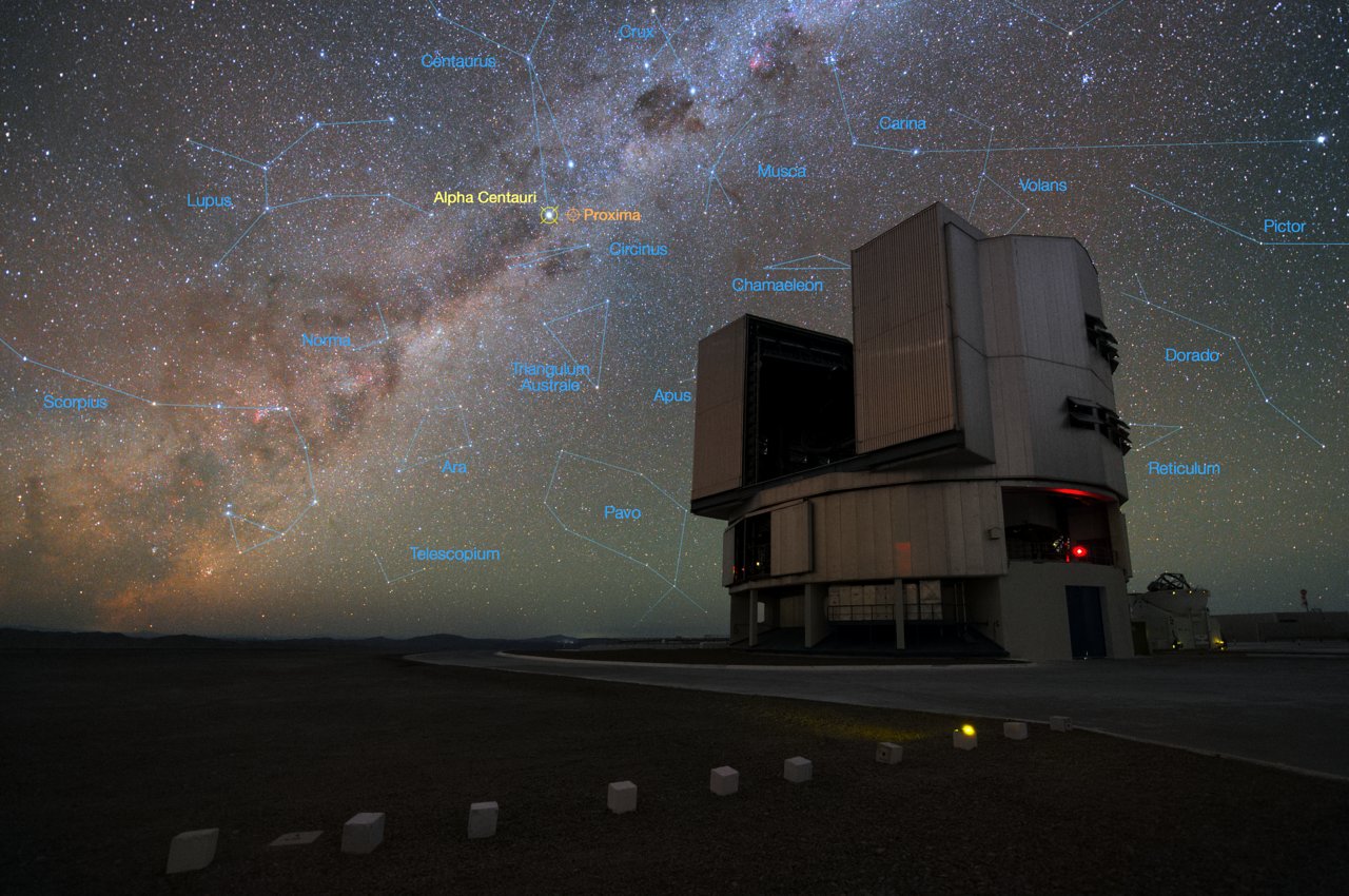 The foreground of this image shows ESO’s Very Large Telescope (VLT) at the Paranal Observatory in Chile. The rich stellar backdrop to the picture includes the bright star Alpha Centauri, the closest stellar system to Earth. In late 2016 ESO signed an agreement with the Breakthrough Initiatives to adapt the VLT instrumentation to conduct a search for planets in the Alpha Centauri system. Such planets could be the targets for an eventual launch of miniature space probes by the Breakthrough Starshot Initiative. – Image Credit: Y. Beletsky (LCO)/ESO