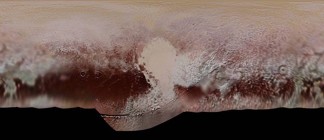 Color mosaic map of Pluto's surface, created from the New Horizons many photographs. - Image Credit: NASA/JHUAPL/SwRI