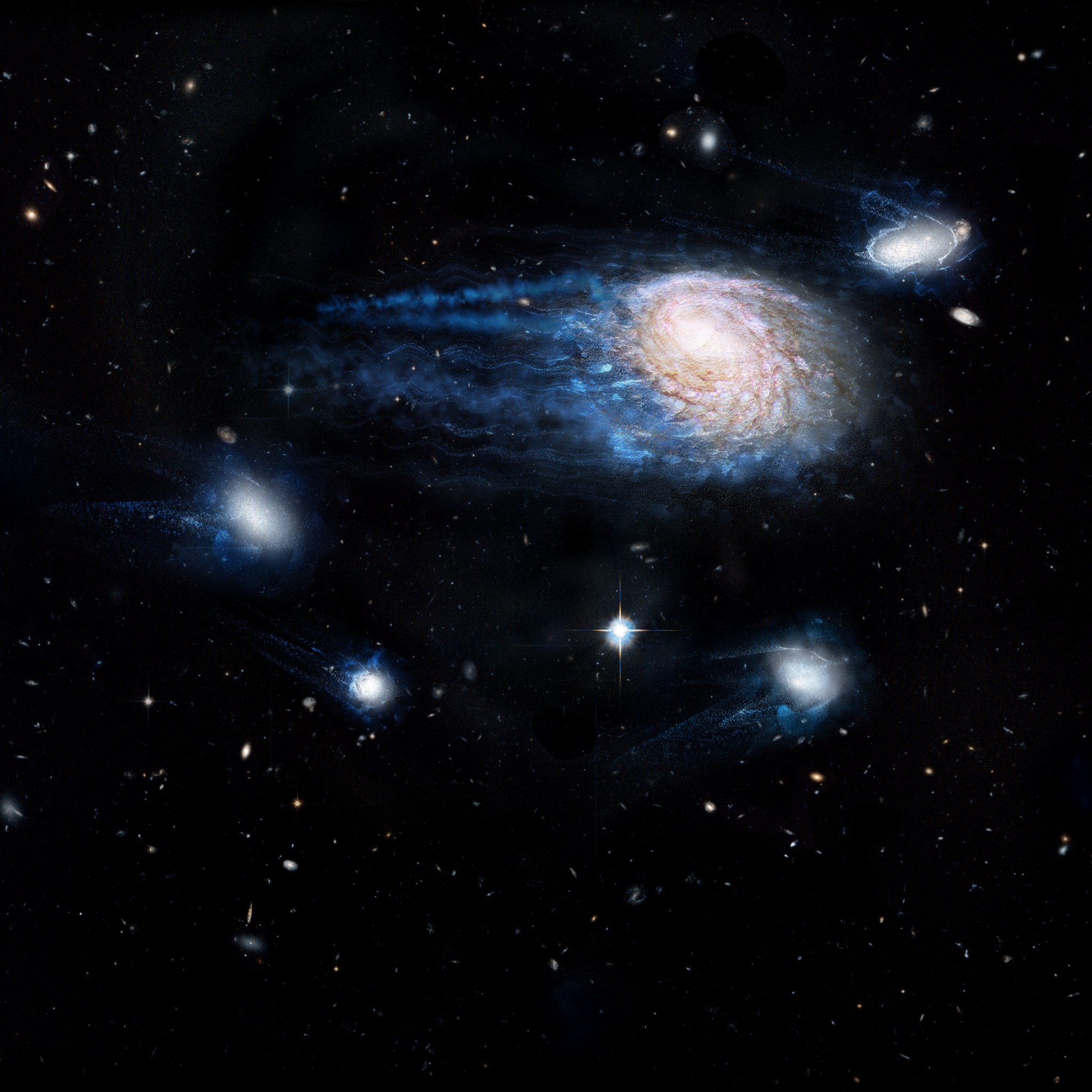 Artist’s impression showing the increasing effect of ram-pressure stripping in removing gas from galaxies, sending them to an early death. - Image Credit: ICRAR/NASA/ESA/Hubble Heritage Team (STScI/AURA)