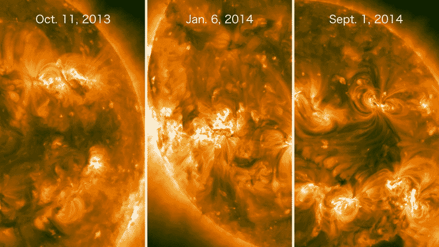 These solar flares were imaged in extreme ultraviolet light by NASA's STEREO satellites, which at the time were viewing the side of the sun facing away from Earth. All three events launched fast coronal mass ejections (CMEs). Although NASA's Fermi Gamma-ray Space Telescope couldn't see the eruptions directly, it detected high-energy gamma rays from all of them. Scientists think particles accelerated by the CMEs rained onto the Earth-facing side of the sun and produced the gamma rays. The central image was returned by the STEREO A spacecraft, all others are from STEREO B. – Image Credits: NASA/STEREO