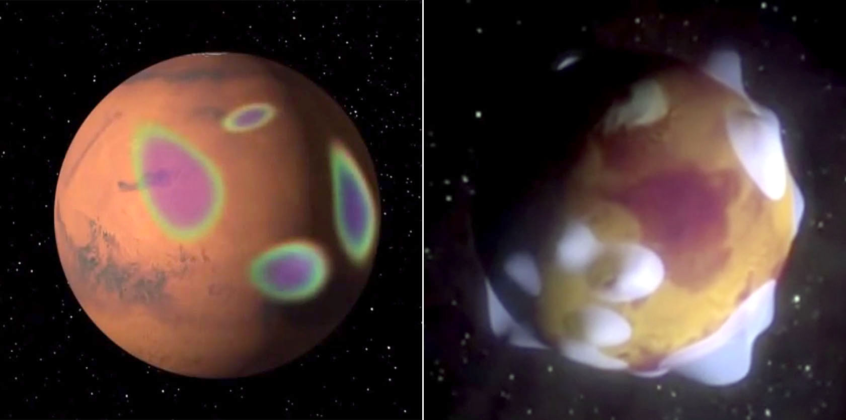 Mars has magnetized rocks in its crust that create localized, patchy magnetic fields (left). In the illustration at right, we see how those fields extend into space above the rocks. At their tops, auroras can form. - Image Credit: NASA