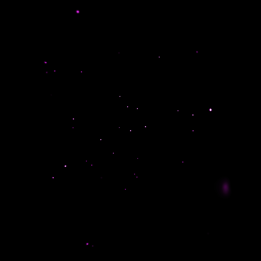 An X-ray image of the full field of view by of the region where the ‘tidal disruption event’ is taking place. The purple smudge in the lower right shows the disruption from the black hole XJ1500+0154. – Image Credit: X-ray: NASA/CXC/UNH/D.Lin et al.