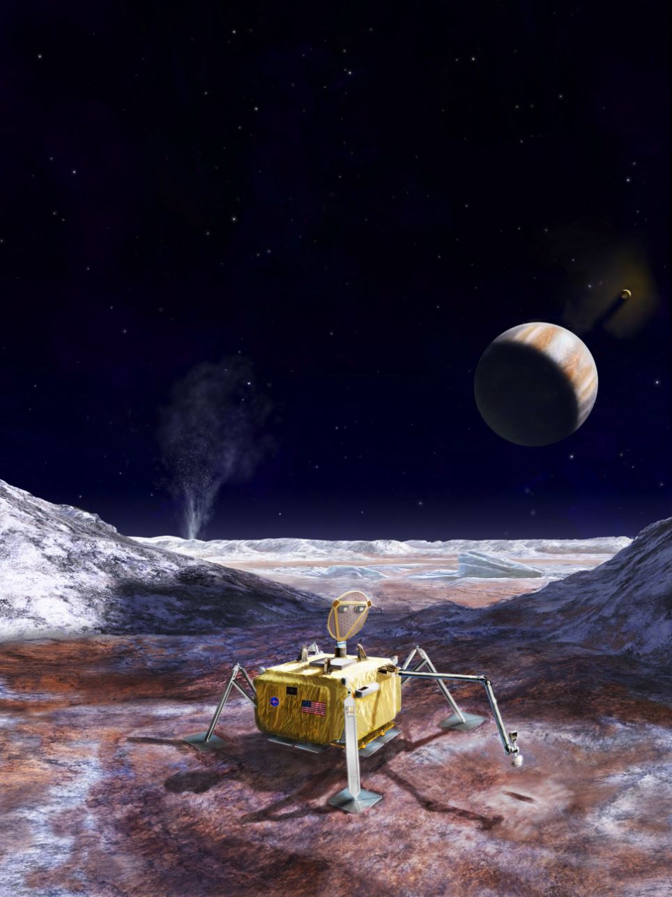 This artist's rendering illustrates a conceptual design for a potential future mission to land a robotic probe on the surface of Jupiter's moon Europa. - Image Credit: NASA/JPL-Caltech