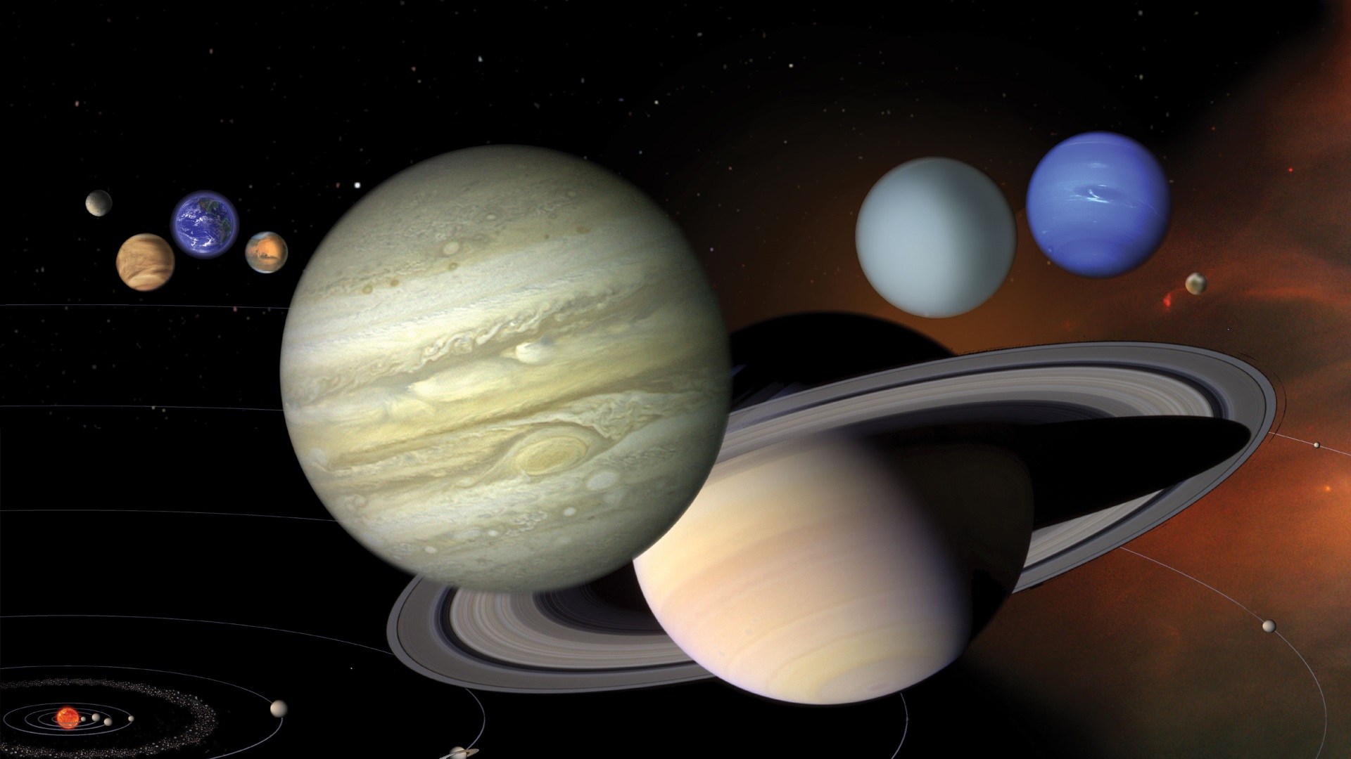 An illustration showing the 8 planets of the Solar System to scale. - Image Credit: NASA