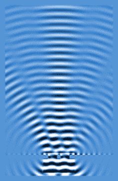 The interference pattern of a wave incident on a two holes in a screen. The holes can be seen near the bottom of the image. The waves above the screen show regions of destructive interference, where the wave crests overlap troughs and cancel out, and regions of constructive interference, where the wave crests overlap crests and reinforce. - Image Credit: Tim Davis
