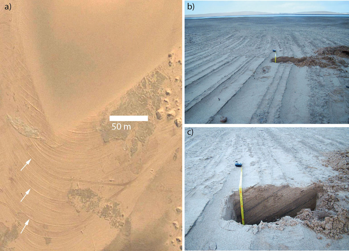 Compare these cemented arctuate striations between dunes near Walvis Bay, Namibia with those in Lucaya Crater’s valley in the earlier image. White arrows highlight particularly prominent examples. Photos in (b) and (c) were taken from the ground. The excavated pit in (c) shows that the dipping sediment layers below the surface match the protruding layers on the surface. Alternating light and dark layers have different salt composition and grain size. - Image Credit: Google Earth (left) and Dr Mary Bourke, Trinity College Dublin