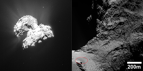Left, an image of comet Chury showing outgassing of water vapor, which entrains dust (© ESA/Rosetta/NAVCAM). Right, the neck region, between the comet’s two lobes. Various types of relief can be seen, including the dunes, at bottom left (circled in red), in the sandy region. - Image Credit: ESA/Rosetta/MPS for OSIRIS Team MPS/UPD/LAM/IAA/SSO/INTA/UPM/DASP/IDA)