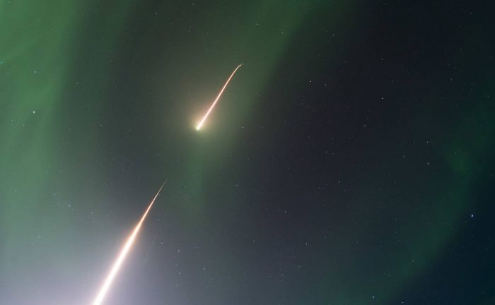 A NASA Black Brant IX sounding rocket soars skyward into an aurora over Alaska during the launch on 5:13 a.m. EST, Feb. 22, 2017. Credit: NASA/Terry Zaperach