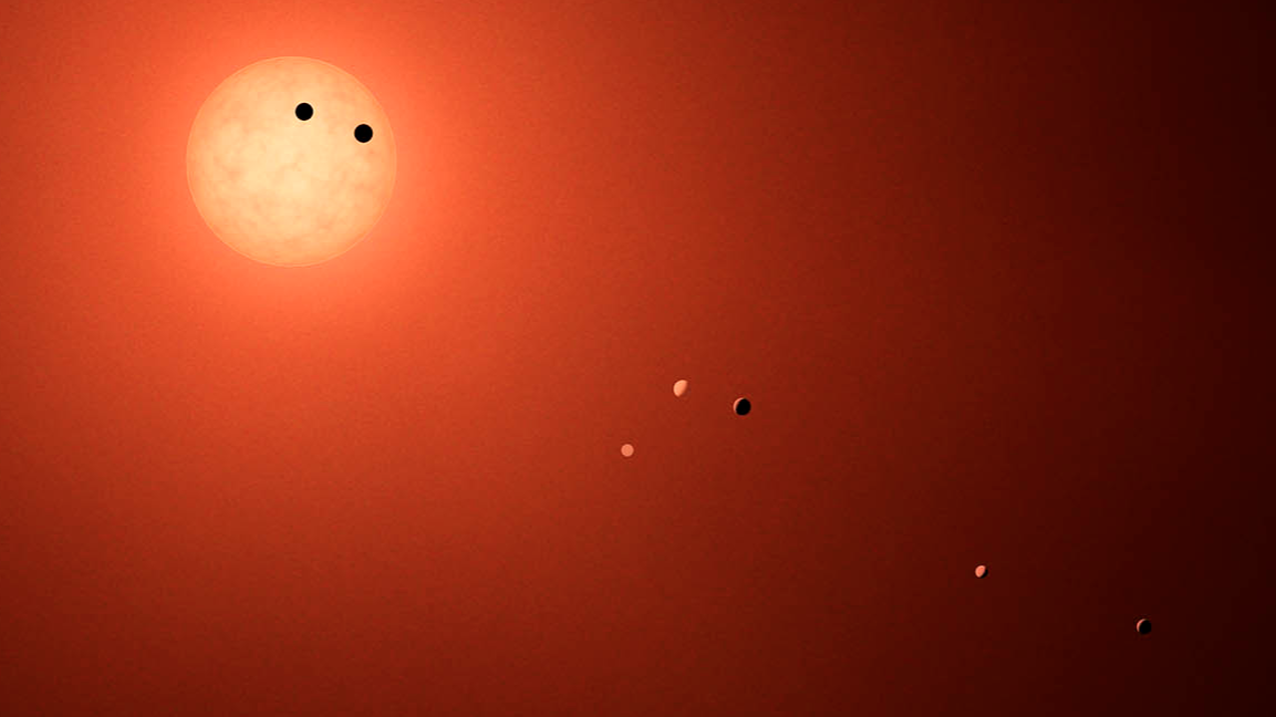 This illustration shows the seven planets orbiting TRAPPIST-1, and ultra-cool dwarf star, as they might look as viewed from Earth using a fictional, incredibly powerful telescope. - Image Credits: NASA-JPL/Caltech