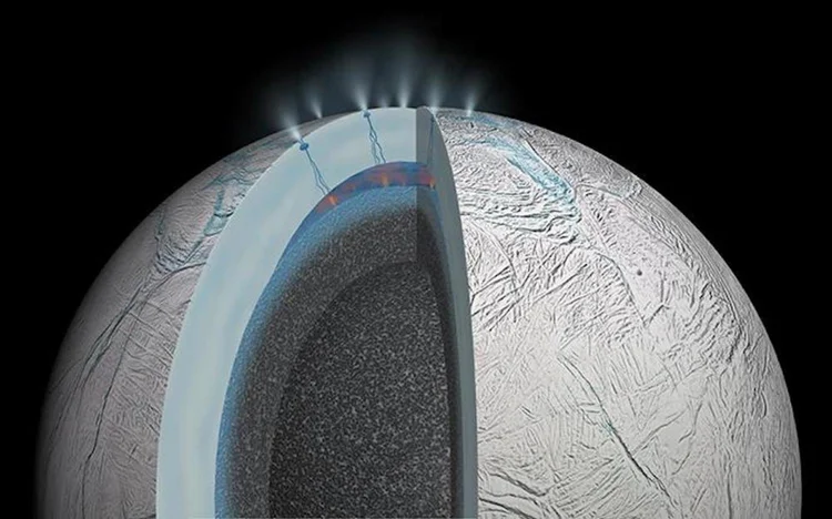 An artist’s rendering of Saturn’s moon Enceladus shows possible hydrothermal activity that may take place on and under the seafloor of the moon’s subsurface ocean. - Image Credit: NASA/JPL-Caltech
