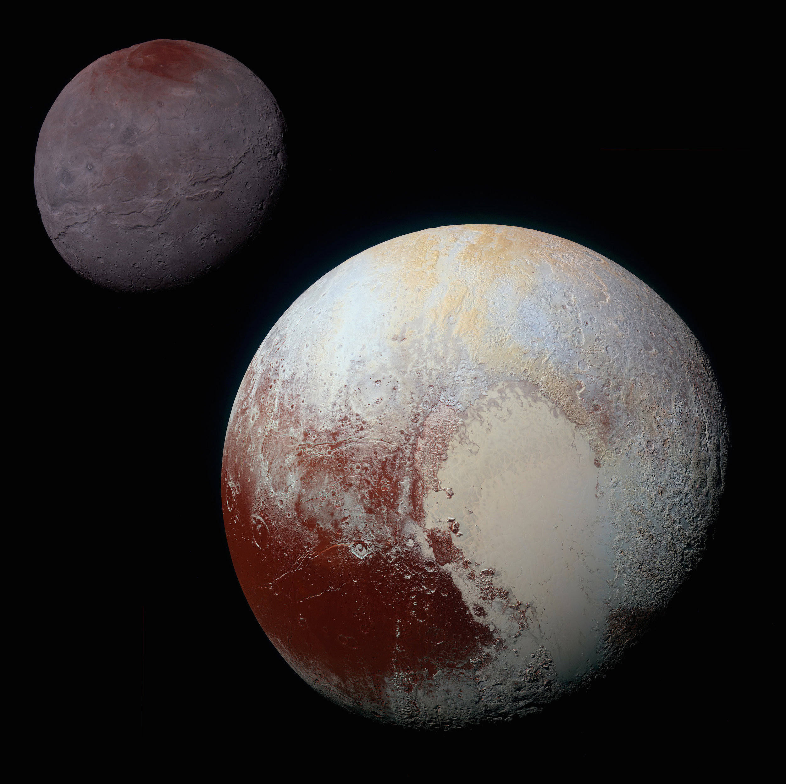 This composite of enhanced color images of Pluto (lower right) and Charon (upper left), taken by NASA's New Horizons spacecraft on July 14, 2015, highlights the wide range of surface features on the small worlds. Working with the New Horizons mission team, the International Astronomical Union (IAU) has approved the themes to be used for naming the surface features on Pluto and its moons. - Image Credits: NASA/JHUAPL/SwRI