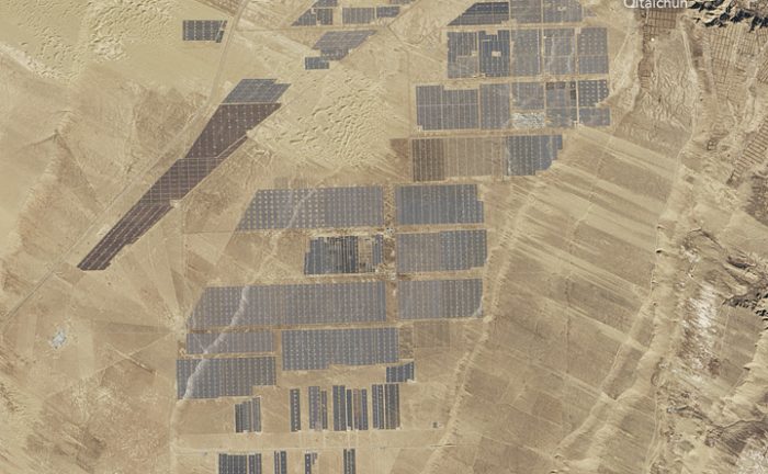 A view from Earth orbit of the Longyangxia Dam Solar Park in China. Credit: NASA/Landsat 8.