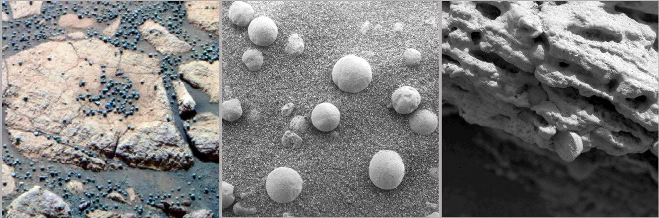 The Blueberries of Mars are actually concretions of iron rich minerals from water – ground or standing pools – created over thousands of years during periodic epochs of wet climates on Mars. - Image Cedits: NASA/JPL/Cornell