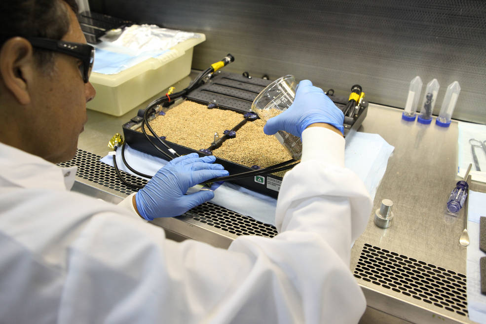 Dr. Oscar Monje, a research scientist, pours a growing substrate called arcillite in the science carrier, or base, of the Advanced Plant Habitat (APH) inside a laboratory at the Space Station Processing Facility at Kennedy Space Center in Florida. Developed by NASA and ORBITEC of Madison, Wisconsin, the APH is the largest plant chamber built for the agency. - Image Credit: NASA/Bill Whit
