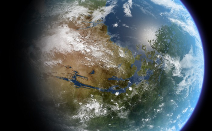 Artist's conception of a terraformed Mars. = Image Credit: Ittiz/Wikimedia Commons