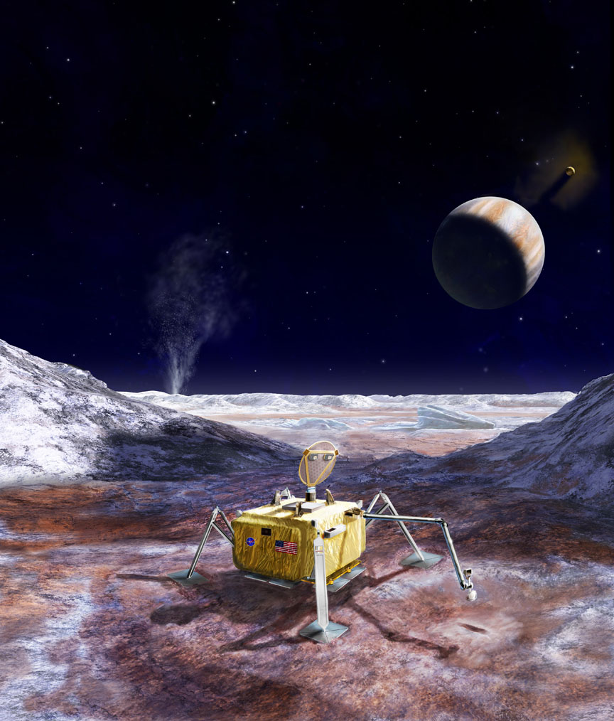 Artist’s rendering of a potential future mission to land a robotic probe on the surface of Jupiter’s moon Europa. - Image Credits: NASA/JPL-Caltech