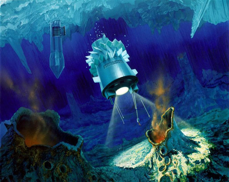 Artist’s impression of a hypothetical ocean cryobot (a robot capable of penetrating water ice) in Europa. - Image Credit: NASA