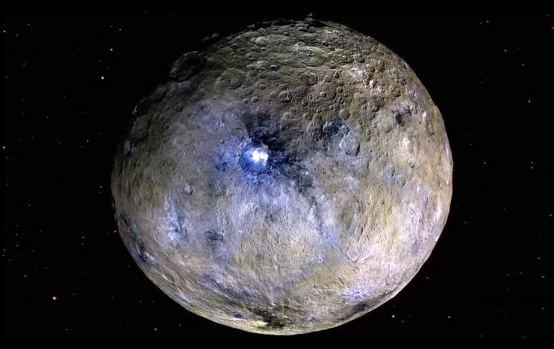 Dwarf planet Ceres is shown in this false-color renderings, which highlight differences in surface materials. The image is centered on Ceres brightest spots at Occator crater. - Image Credit: NASA/JPL-Caltech/UCLA/MPS/DLR/IDA