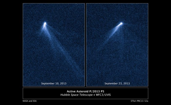 Images from the Hubble Space Telescope of activated asteroid P/2013P5 where the dust tail can be seen. - Image Credit: NASA/ESA.