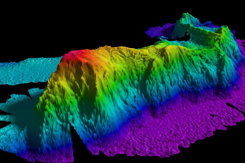 A map of a seamount in the Arctic Ocean created by gathering data with a multibeam echo sounder. Researchers have found that such topographic features can trap deep waters and produce turbulence. - Image courtesy of National Oceanic and Atmospheric Administration (NOAA)