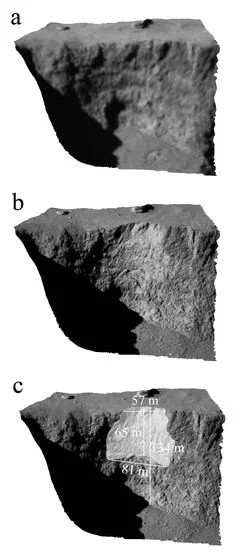 D views of the Aswan cliff showing its edge before (a) and after (b) the collapse. c) shows the dimensions of the overhang that detached.ESA/Rosetta/MPS for OSIRIS Team, CC BY-SA