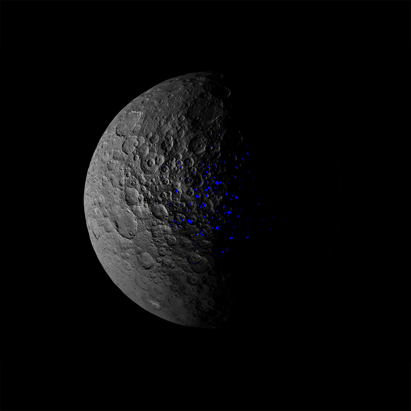 This animation shows how the illumination of Ceres' northern hemisphere varies with the dwarf planet's axial tilt, or obliquity. Shadowed regions are highlighted for tilts of 2 degrees, 12 degrees and 20 degrees. - Image Credits: NASA/JPL-Caltech/UCLA/MPS/DLR/IDA