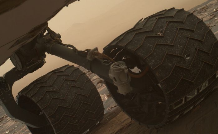Image taken by the Mars Hand Lens Imager (MAHLI) of Curiosity's wheels on March 19, 2017. - Image Credit: NASA