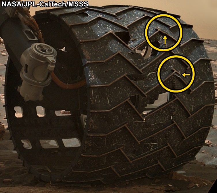 Close-up image of the broken grousers on Curiosity’s left-middle wheel. - Image Credit: NASA/JPL-Caltech/MSSS