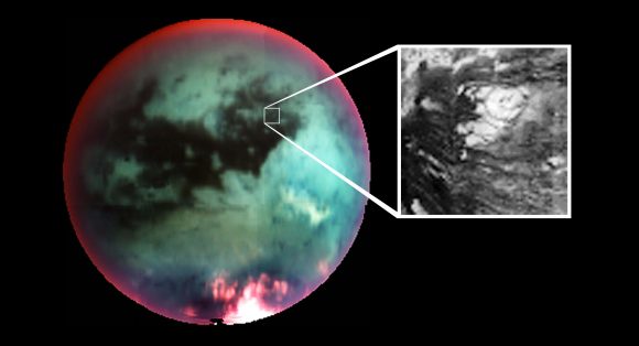 This false-color mosaic of Saturn’s largest moon Titan, obtained by Cassini’s visual and infrared mapping spectrometer, shows what scientists interpret as an icy volcano. - Image Credit: NASA/JPL/University of Arizona
