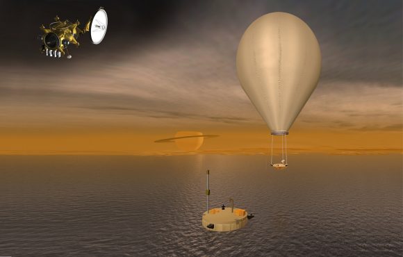 The spacecraft, balloon, and lander of the Titan Saturn System Mission. - Image Credit: NASA Jet Propulsion Laboratory
