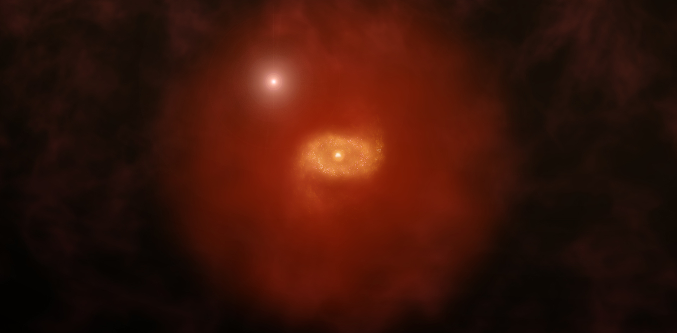 Artist’s impression of a quasar shining through a galaxy’s ‘super halo’ of hydrogen gas. - Image Credit: A. Angelich (NRAO/AUI/NSF), CC BY-ND