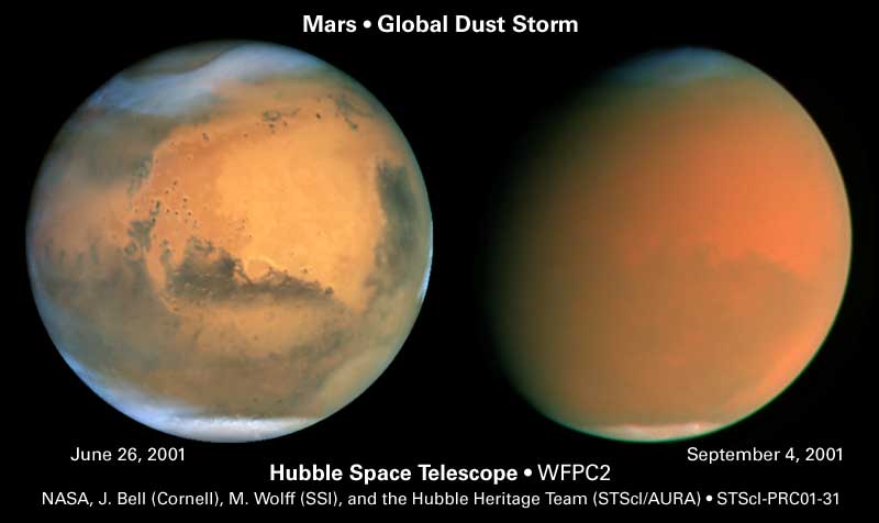 Hubble images show cloud formations (left) and the effects of a global dust storm on Mars - Image Credit: NASA/James Bell (Cornell Univ.), Michael Wolff (Space Science Inst.), and Hubble Heritage Team (STScI/AURA)